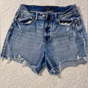 Judy Blue Medium Wash Distressed Frayed Hem Denim Shorts